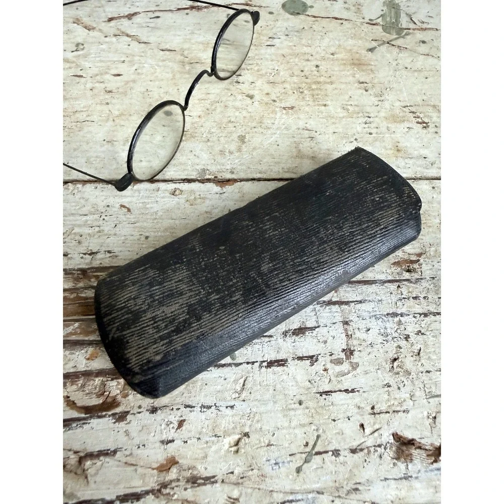 Antique Wire Rim Spectacles Oval Glasses Black Metal Frame Vintage Case 1900s